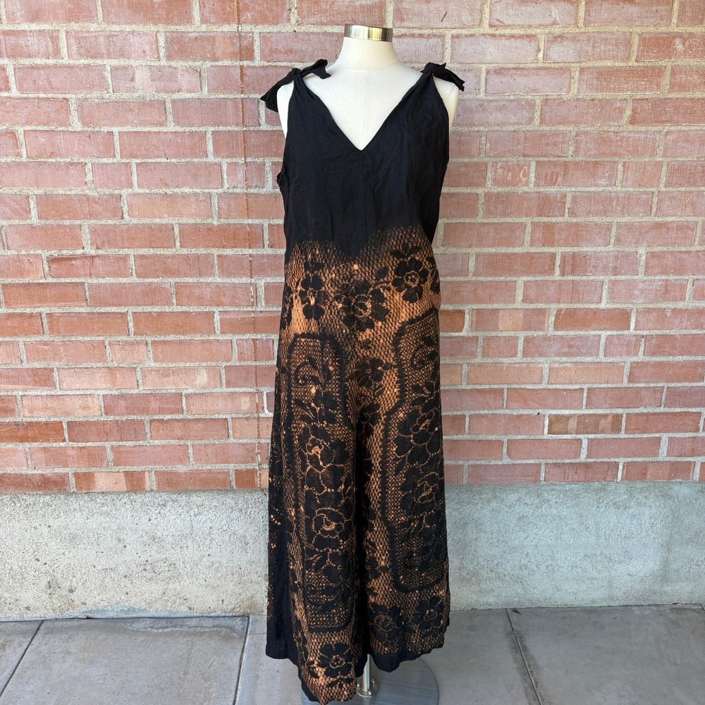 Vitamin A Custom Bleach Dye Lace Pattern Wide Leg‎ Jumpsuit Tie Shoulder